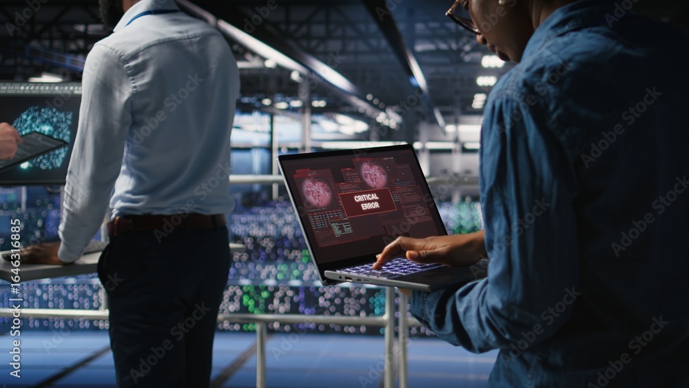 Poster technician in data center stressed by critical error popup on laptop during diagnostics session. anx