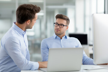 Fototapeta premium Two men discussing project ideas in a bright office environment during the day