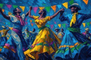 Fototapeta premium Vibrant national day celebration featuring joyful people dancing energetically in colorful traditional clothing. Festive bunting hangs above a lively street scene for independence.