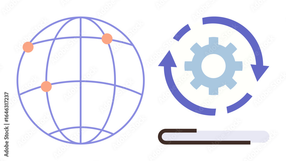 Poster globe with points connected on its surface next to gear encircled by arrows and progress bar. ideal 