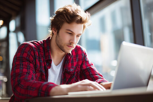Young man focuses intently on laptop while sitting in modern cafe during afternoon