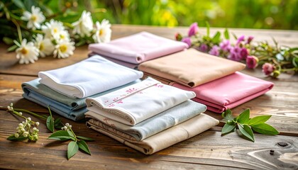 Colorful fabric swatches displayed on wooden table with flowers
