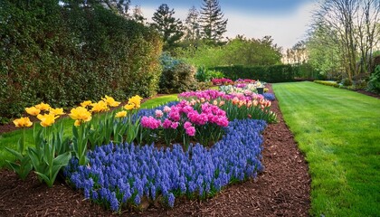 Fototapeta premium colorful flowerbeds with pink and yellow tulips blue hyacinths and various other flowers dark brown mulch borders a lush green lawn soft natural