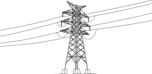 High voltage electricity pylon, power transmission tower, energy distribution, electric grid infrastructure illustration