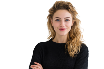 Portrait of 30 years old smiling woman looking at camera with crossed arms. Happy girl standing in creative office. Successful businesswoman standing in white background PNG	