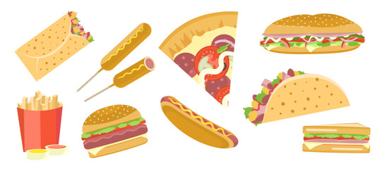 Flat bright vector fastfood set including hamburger, pizza, sandwich, taco, burrito, shawarma. Tasty street food symbols for cafe, bar, restaurant menu design, logo, print, sticker