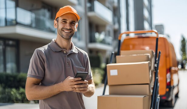 Smiling delivery man with packages and smartphone standing next to van outdoors