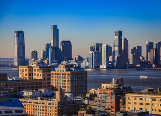 Jersey City skyline over the Hudson River with Midtown Manhattan in New York