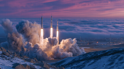 Three space-bound rockets ascend together from a fog-blanketed launchpad, their blazing exhaust piercing the dusk and reflecting off swirling clouds in vivid, electric hues,