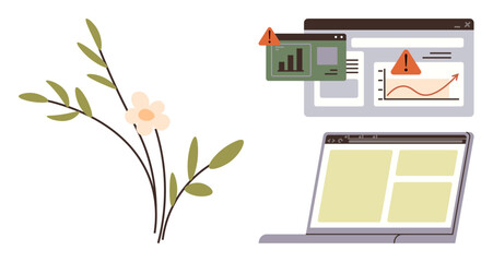 Computer dashboard with error alerts and graphs, paired with a simple branch and flower. Ideal for technology, analytics, warning, growth, nature balance, productivity contrast. Simple flat metaphor