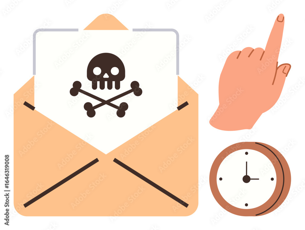 Poster skull-and-crossbones warning inside an envelope with clock and pointing hand. ideal for communicatio