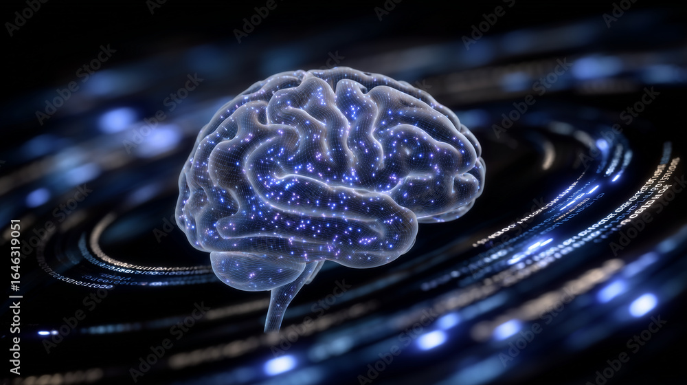 Poster 3d-rendered brain surrounded by swirling streams of binary code, symbolizing the merging of thought 