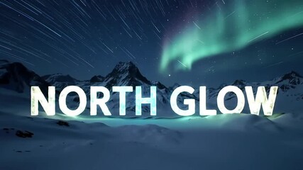 Scenic snowy mountain landscape under the starry night sky with the Aurora Borealis, overlaid by white text "NORTH GLOW.