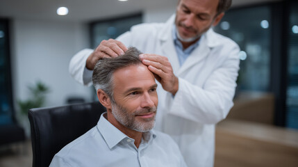 Obraz premium Professional trichologist in clean white coat leaning forward to examine patientâs scalp under focused examination light,