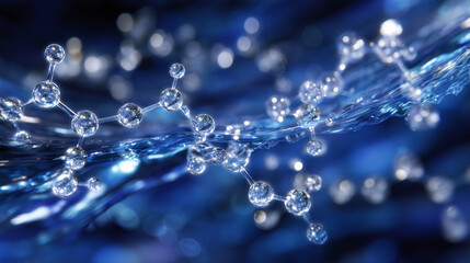 Transparent hydrogen molecules suspended in a deep blue aquatic space, light refracting through water-like waves, highlighting molecular bonds,