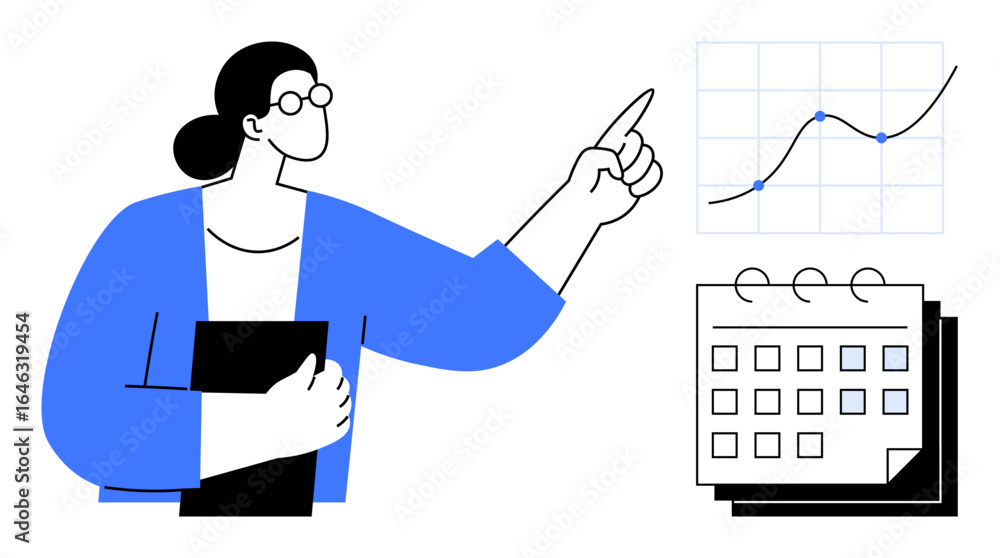 Poster professional analyzing progress on line graph while holding a folder, alongside a calendar for plann