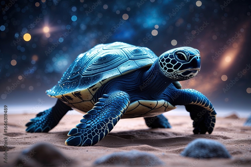 Poster mystical dark blue sparkling turtle exploring outer space with enchanting interstellar background