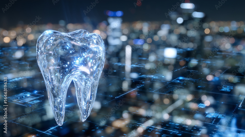 Poster luminous tooth centerpiece in a high-tech 3d environment, floating amid transparent digital grids an