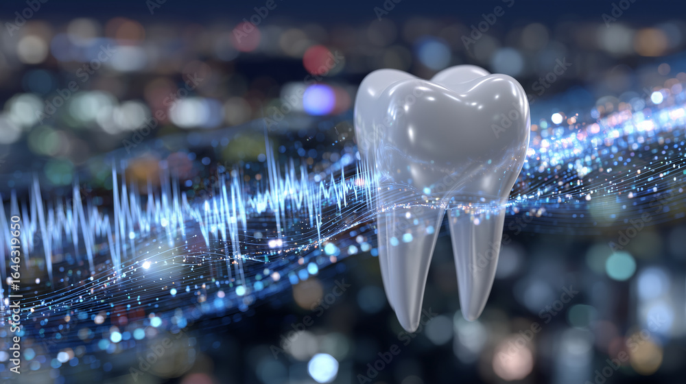 Poster glossy pearl-white tooth hovering in space, encircled by dynamic digital waveforms and glowing healt