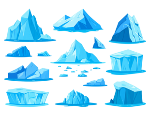 Vector illustration of icebergs floating on water against a transparent background, ready for design