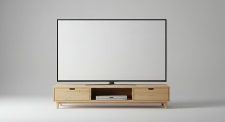 Modern flat-screen TV on wooden stand with blank white screen

