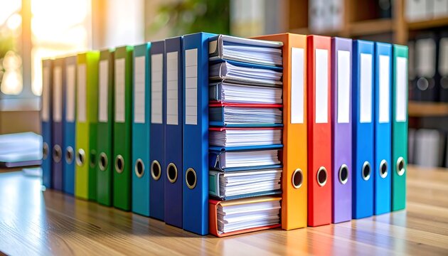 Colorful file folders stacked on a wooden table
