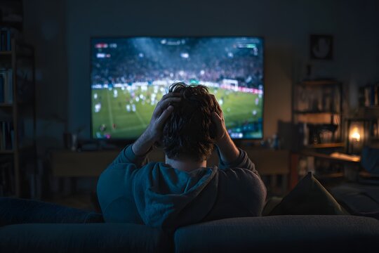 Man watching soccer game on TV with frustration at home - Powered by Adobe