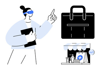 Person with VR headset gestures as shopping briefcase and pharmacy storefront with 247 bag illustrate retail, technology, convenience. Ideal for online shopping, pharmacy, retail, tech, innovation
