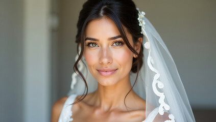 Glamorous studio portrait of a beautiful smiling bride in her stunning wedding gown and veil
