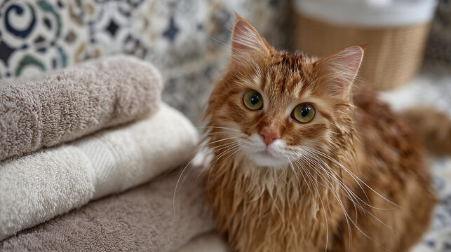 Close-up of a curious orange cat with soaked fur, wide eyes focused on something off-frame, surrounded by fluffy towels in soft neutral tones and elegant bathroom tiles, - Powered by Adobe