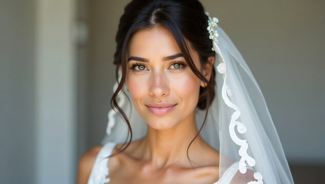 Glamorous studio portrait of a beautiful smiling bride in her stunning wedding gown and veil
