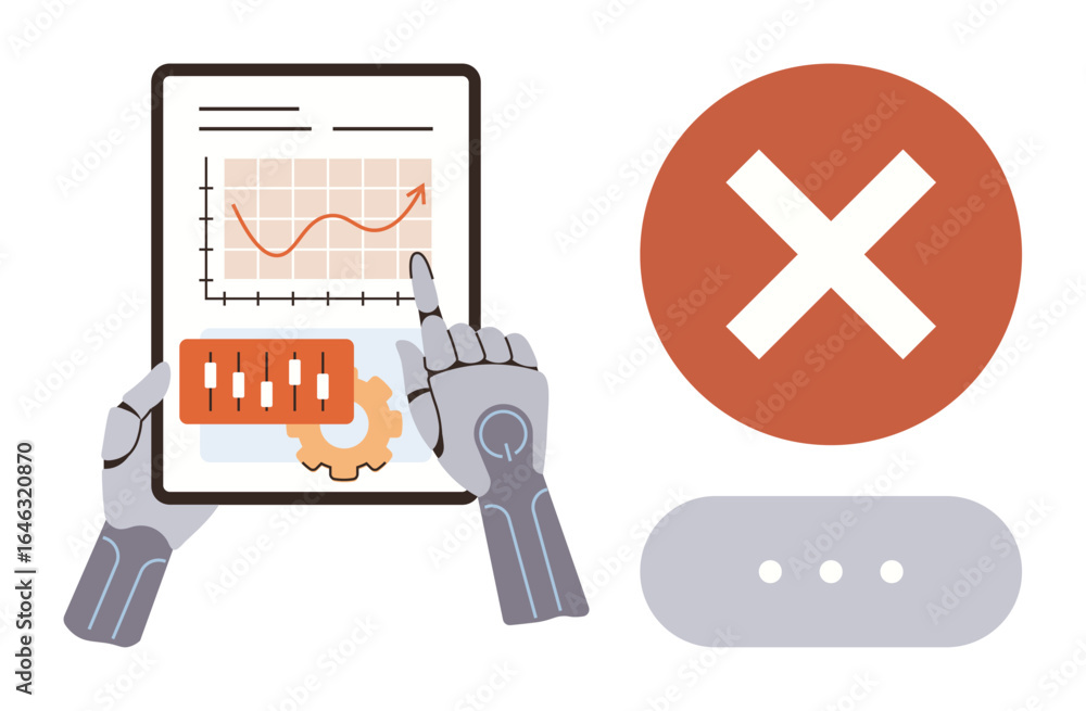 Poster robotic hands examine tablet displaying charts, controls, and gear icon. bold red x denotes error or