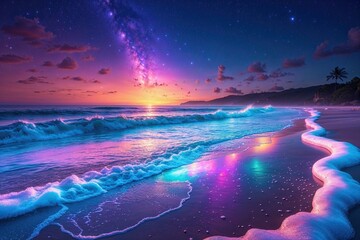 Obraz premium Enchanting Nighttime Beach Scene with Vibrant Glowing Waves and Ethereal Radiant Foam