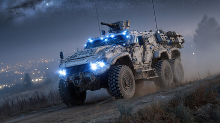 Fototapeta premium Massive military armored vehicle equipped with glowing blue sensor arrays and advanced weaponry, rolling through a foggy battlefield under a starry night sky, dramatic shadows acce