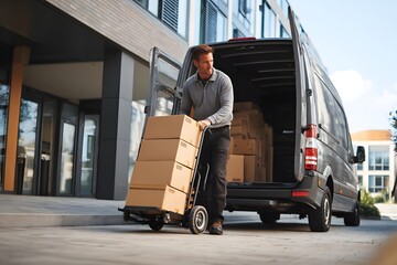Worker unloading cardboard boxes from delivery van with hand truck