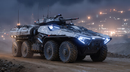 Obraz premium Armored combat vehicle with sleek futuristic design, LED-lit weapon turrets and reinforced plating, emerging from dense nighttime fog on a tactical mission,
