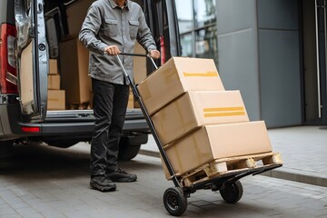 Worker unloading cardboard boxes from delivery van with hand truck