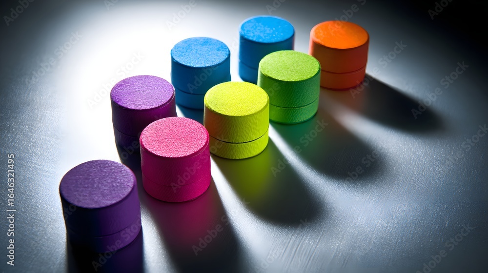Poster colorful cylindrical objects arranged in a diagonal row.