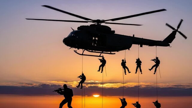 Elite soldiers rappel from a helicopter during a dramatic sunset, showcasing a highstakes military operation