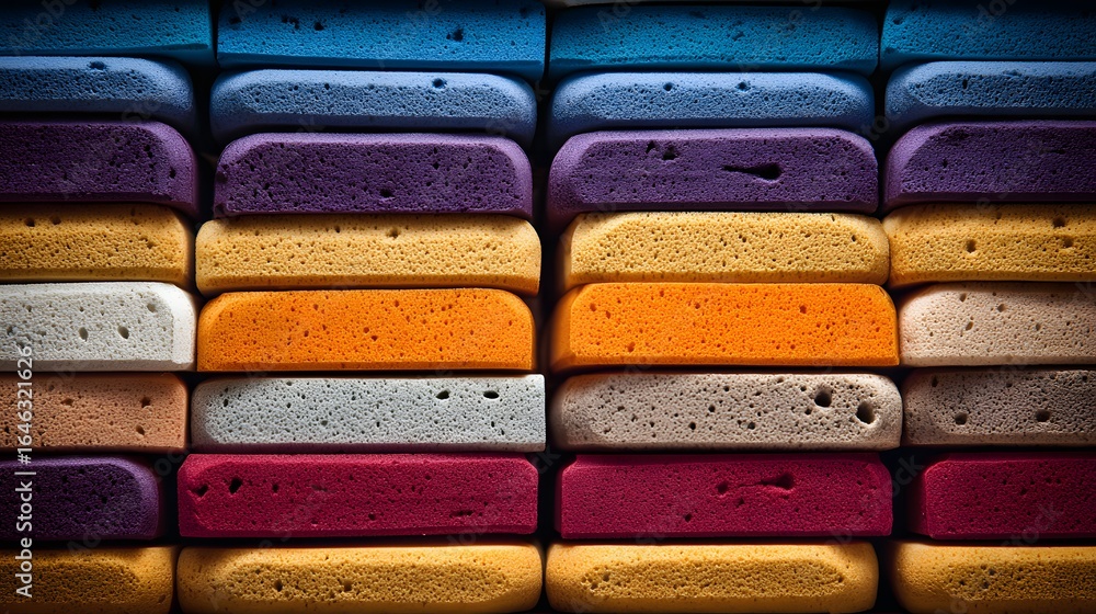 Poster close-up view of stacked colorful foam blocks.