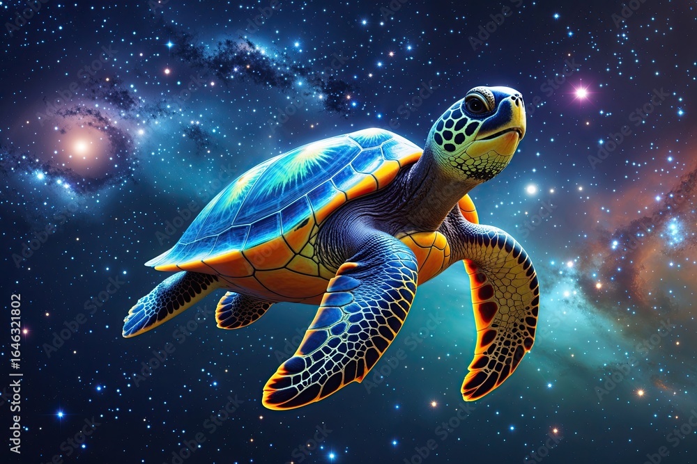 Poster enchanting turtle gliding through deep space with stunning celestial background
