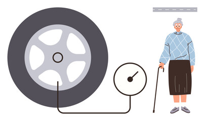 Elderly woman stands with cane beside a large tire being inflated using a gauge, symbolizing renewal or strength. Ideal for health, aging, mobility, resilience, independence, rehabilitation, energy