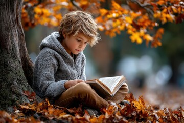 Young boy reading a book while sitting under a tree surrounded by autumn leaves