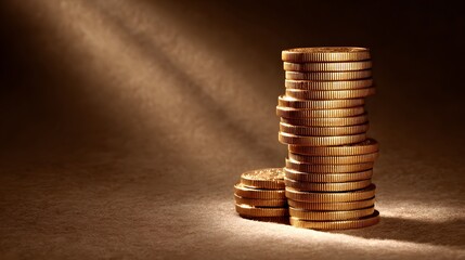 Stacks of gold coins illuminated by a spotlight.