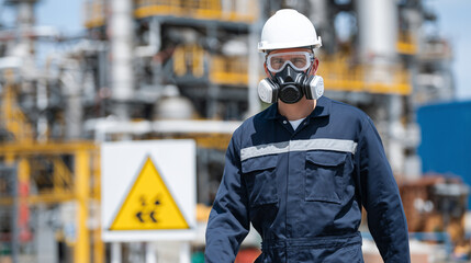 Fototapeta premium Individual in safety suit and sleek gas mask walking past complex pipe networks and warning signs in a high-risk chemical plant, demonstrating strict adherence to safety standards,