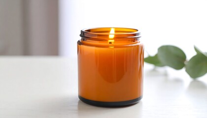 Lit candle in amber jar