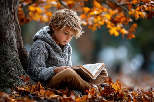 Young boy reading a book while sitting under a tree surrounded by autumn leaves - Powered by Adobe