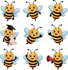Cartoon bees in various poses and accessories, smiling characters with wings, graduation, pointer, megaphone illustration for education and fun themes