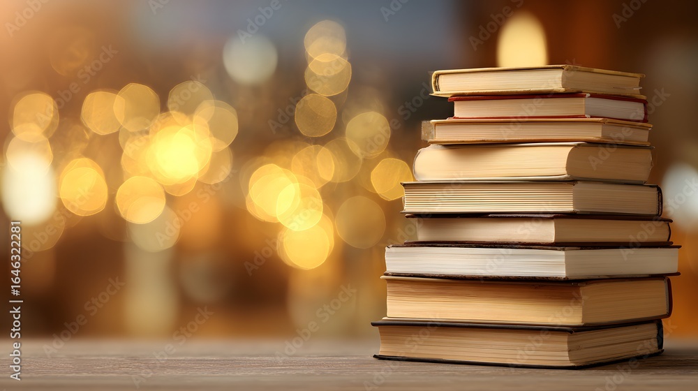 Poster stack of books on a table against a blurred background of warm lights.