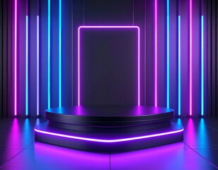 Dark Metallic Podium with Neon Glow Strips and Subtle Noise Background for Cyber Monday or Black Friday Product Display